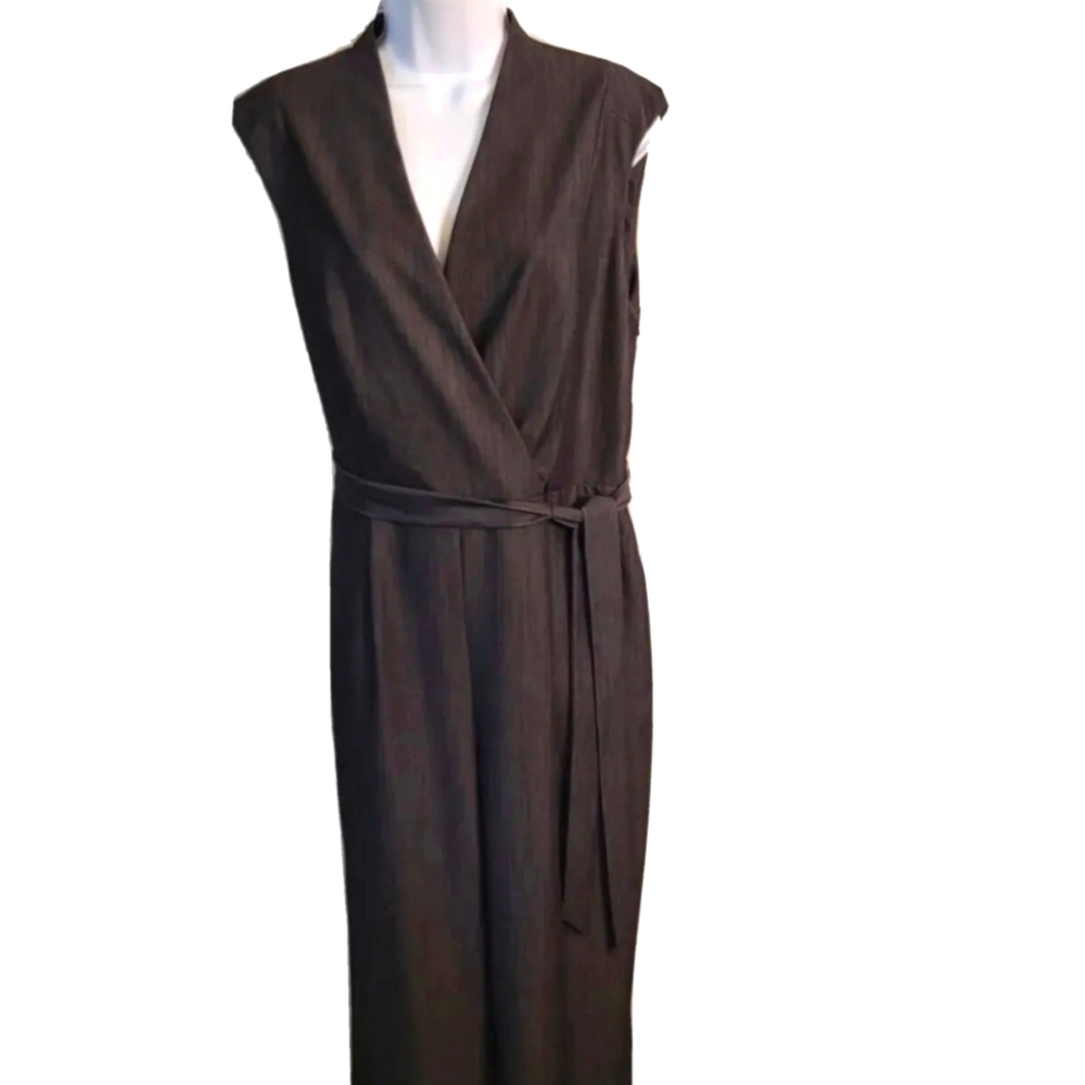 Sz 14 CALVIN KLEIN Black Jumpsuit Denim Sleeveless Sleek Belted, Zip EUC